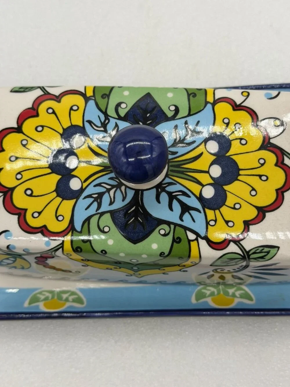 Colorful Ceramic Lidded Butter Cheese Dish with Floral Design